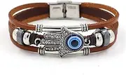 [InShine] Leather Evil Eye Bracelet Wristband Vintage Three-Row Leather Hamsa Hand Blue Eyes Bracelet Retro Multi-Layer Rope Wrap Bracelet Handmade Devil's Eye Bangle Strand Bracelet Turkish Jewelry