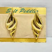 Sea Shell Salt Pedder Earrings VTG Clip On Gold Tone Pave Rhinestone Shiny 80s