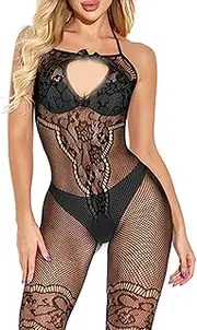 [HTRUIYA] Women Fishnet Bodysuit Lingerie Full Body Stockings One Piece Neck Strap Bodystockings Sexy Outfit