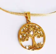 TREE OF LIFE CRYSTAL GOLD TONE PENDANT LEATHER SUEDE BEIGE CORD NECKLACE 2017