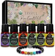 Troful USDA Organic Essential Oils 7 Chakra Bracelet Gift Set, Top 6 Pure Aromatherapy Essential Oils for Diffuser, Skin, Hair Care-Lavender,Tea Tree,Sweet Orange,Frankincense,Peppermint,Lemongrass
