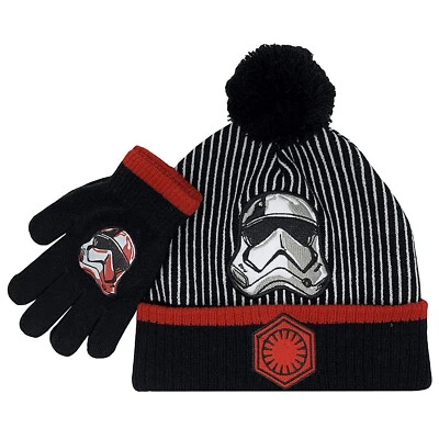 NWT Star Wars BOYS Captain Phasma Pom Knit Beanie Hat & Gloves Set Black/Red