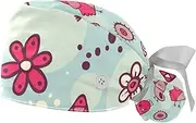 [WOSHJIUK] Working Hat 2 Pack Scrub Caps for Women,Flower Owl Chick Bird,Tie Back Cap Adjustable Scrub Hat