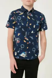 ONEILL Boy's S/S Button Shirt BLAST OFF - NVY - Large - NWT
