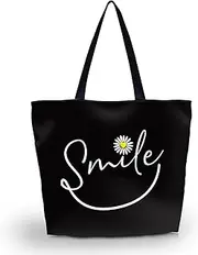 AOKSUNOVA Reusable Shopping Bags Large Foldable Grocery Bag Cloth Tote Bag for School Smile Black