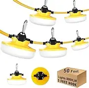 JC-LGL LED Construction String Light 50FT, 65W 8000Lm Industrial Grade LED String Work Lights with 5 Bulbs, 5000K Super Bright for Temporary Lighting for Construction Sites, Renovation, Mine Cave