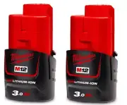 GENUINE Milwaukee M12B3 12V 3.0Ah Liion Cordless RED LITHIUM Battery - TWIN PACK