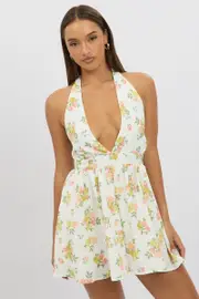 White Floral Playsuit Halter Neck - Size 16XL, Women's Playsuit