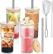 Anhow Glass Cups with Straws and Lids 4 Pack, 21OZ Iced Coffee Cups Glass Tumbler Cup Smoothie Cup Vintage Ripple Wide Mouth Water Tumbler Mason Jar Drinking Glasses for Bubble Tea Long Drinks