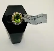14k White Gold, 2.67 Ct OvalPeridot and Halo Diamond Womens Ring Size 6.5