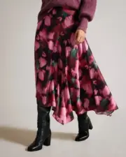 Ted Baker Lizziee Midi Skirt 5/ 12 Black Floral Asymmetric Bias Cut NWT $225