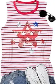 [BANGELY] American Flag Tank Top Women 4th of July Shirt Sequin Stars Graphic Shirt USA Patriotic Striped Casual Sleeveless Top, B-red, XX-Large