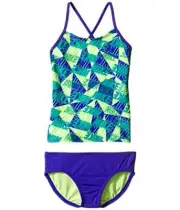 Nike cross-back tankini swimsuit NWT girls' 7 logo printed blue/green $46 DEAL