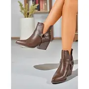 Women's Pointed Toe Ankle Boots – Faux Leather Mid-Heel Western Booties for Office Outfits, Urban Street Style and Daily Workwear