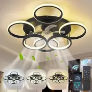 Modern LED Dimmable Ceiling Fans with Lights, 66W Black 6-Ring 63cm Reversible