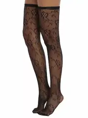 2 PAIRS SEXY ELASTIC TOP BLACK FLORAL ROSE FISHNET THIGH HI STOCKINGS ONE SIZE