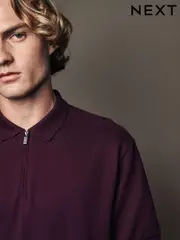 Fig Red Short Sleeve Textured Quarter Zip Polo Shirts (B15303) | $44