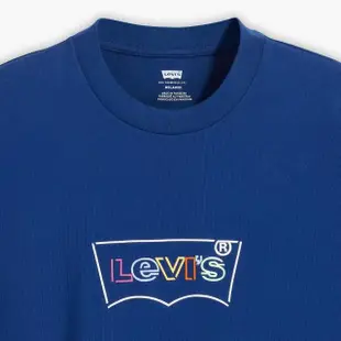 【LEVIS 官方旗艦】男款 寬鬆版長袖T恤 / 描框膠印Logo 藍 熱賣單品 A6145-0000