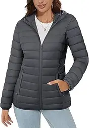[MAGCOMSEN] Women's Hooded Puffer Jacket Lightweight Quilted Padded Coat 4 Pockets Zip-up Winter Warm Outerwear