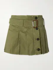 [MCQUEEN] MCQUEEN - Belted Pleated Cotton-twill Mini Skirt - Green - IT42 IT 42 Green