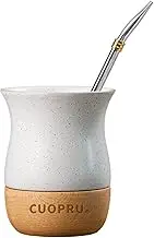 8 OZ Ceramic Yerba Mate Cup with Original Wood Base, Includes Mate Gourd, Bombilla Straw and Cleaning Brush - Perfect for Traditional Yerba Mate and Modern Style Drinking Mug (White)