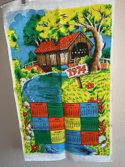 Vintage 1974 Calendar Towel Covered Bridge Color Kitchen Fabric Linen