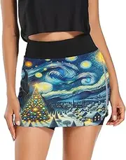 [RPLIFE] Starry Night Christmas Tree Blue Women's Running Skirt, Tennis Skort High Waist, Tall Skorts