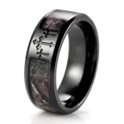 Men's IP Black Titanium 3 Crosses Real Forest Camo Ring 8mm