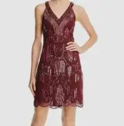 Aidan Mattox Women Red Sleeveless Beaded V-Neck Fringe Mini Sheath Dress Size 2