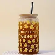 Positively Gifts for Women, Energetically Duckling theme Glass Cup Personalized, 16oz Glass Cups with Lids and Straws, Beer Can Shaped Glass,Iced Coffee Cup, Gifts for Birthday