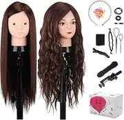 MYSWEETY Mannequin Head with 80% Real Human Hair, 23.5" Styling Training Head Manikin Cosmetology Head Hair Hairdressing Makeup Practice Doll Head with Clamp Holder and Tools