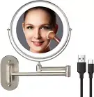 Rechargeable Wall Mounted Lighted Makeup Vanity Mirror 8Inch Double Sided 1X 10X