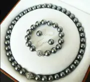 Elegant 8mm Dark Gray South Sea Shell Pearl Necklace Bracelet Earring Set