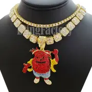 Hip Hop KOOL AID MAN Charm Iced 1 Row Cubic Zirconia Gold Plated Chain Necklace