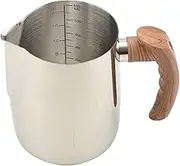 Qianly Milk Frothing Mug Stainless Steel with Wooden Handle Coffee Milk Frothing Jug Milk Jug Cup Barista Steam Mugs Coffeware for Holiday Home, 600ML