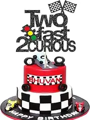 METIXOZE Two Fast 2 Curious Racing 2nd Birthday Cake Topper - Glitter, Silver/Gold, 1 Pc, Perfect for Boys & Girls 2nd Bday, Racing Themed Car Birthday Decoration