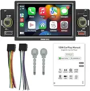 RAYWE 5 Inch Car Stereo MP5 Player Single Din BT FM Radio Receiver with Carplay Android Auto Support Hands-Free Calling USB Charge/Playback Phone Link Reversing Assist Steering Wheel Control