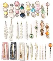 28 PCS Proxima Direct Pearls and Acrylic Resin Hair Clips, Handmade Hair Barrettes, Marble Alligator bobby pins, Glitter Crystal Geometric Hairpin, Elegant Gold Hair Accessories, Gifts for Women Girls