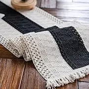 Alynsehom Macrame Table Runner Cream Beige and Black Boho Table Runners with Tassels Hand Woven Cotton Table Runner Rustic Farmhouse Table Runners for Bohemian Kitchen Dining Table(12x48in)