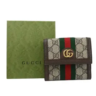 【GUCCI 古馳】經典雙G緹花條紋織帶拼接雙面扣式零錢短夾(咖)