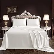 ForZzz 2000TC 4 Pieces Art Silky Satin AU Size Bedding Sheet Set/Silk Satin Pillowcase Fitted Flat Sheet Set/Deep Pocket Luxury Stain-Resistant Wrinkle Free (Double,White)