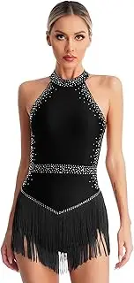 [Jugaoge] Womens Tassel Shiny Leotard Halter Neck Sleeveless Fringe Bodysuit Latin Tango Salsa Jazz Dance Costume
