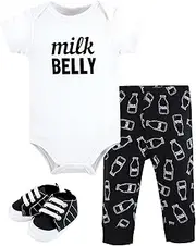 [HUDSON BABY] Unisex Baby Cotton Bodysuit, Pant and Shoe Set, Modern Milk Belly, 9-12 Months, Modern Milk Belly