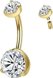 [ZS] ASTM F136 Solid Titanium Belly Button Ring, 14G Cubic Zircon Navel Ring Navel Piercing, Internally Threaded Navel Barbell Stud Long Bar Body Piercing Jewelry for Women
