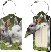 [FJWSLCH] Two Little Cute Rabbits Luggage Tag for Suitcases, 1 Suitcase Tags, Identifiers Travel Bag Tags for Luggage Travel Tags, Baggage Tags, Leather Name ID Labels and Metal Loop for Women Men