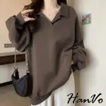 【HANVO】現貨 寬鬆慵懶翻領素色長版T(春秋休閒百搭質感 韓系女裝 女生衣著 0526)