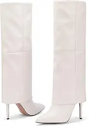 [CNNOVALY] Women's Fold over Knee-High Boots 4" Stiletto Heel Pointed Toe Pull-On for Regular Calf