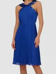 Adrianna Papell Women's Blue Pleated Chiffon Sequin Halter Neck Dress Size 14