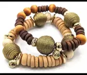 J Crew Bracelets Multi Tone Wood & Cord Wrapped Bead Stretch Brown & Olive