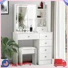6 Drawers Makeup Table Stool Desk with Sliding Mirror and LED Light Bulbs Set